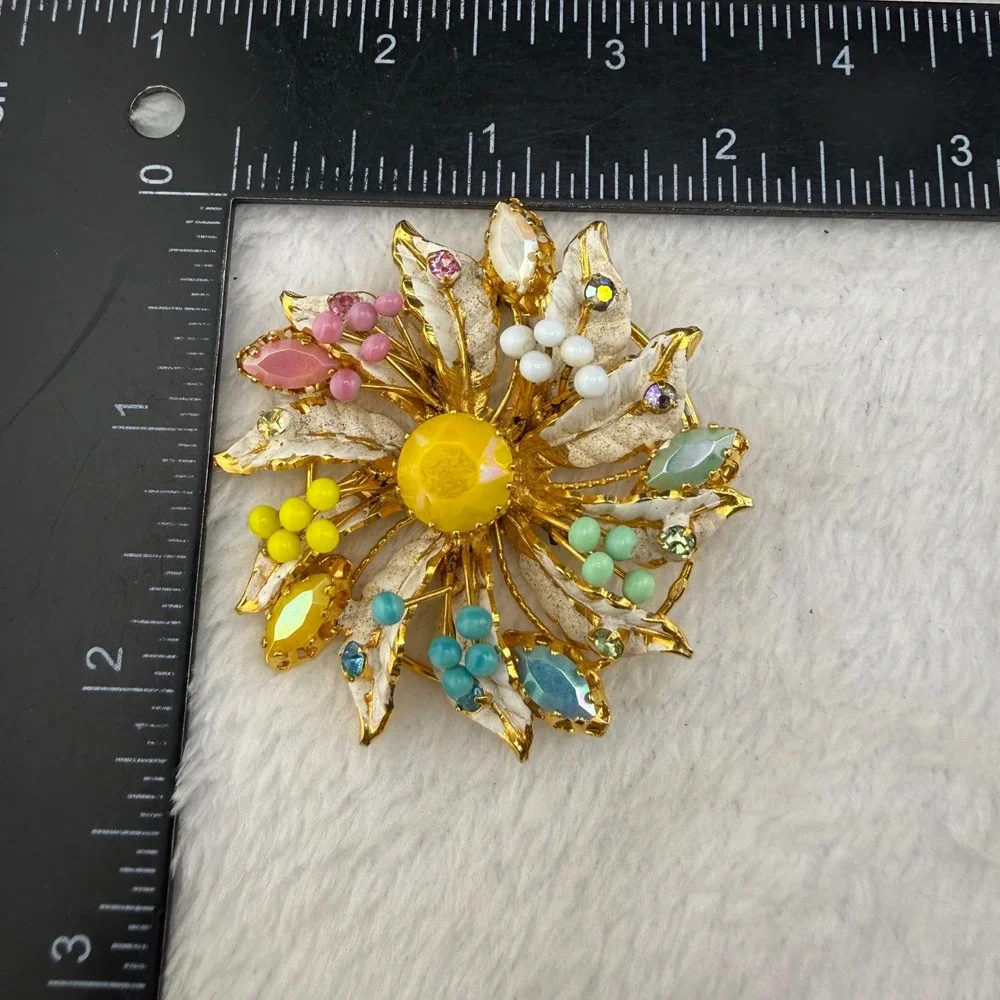 Vintage Rhinestone Flower Brooch Multicolor Enamel Gold Tone